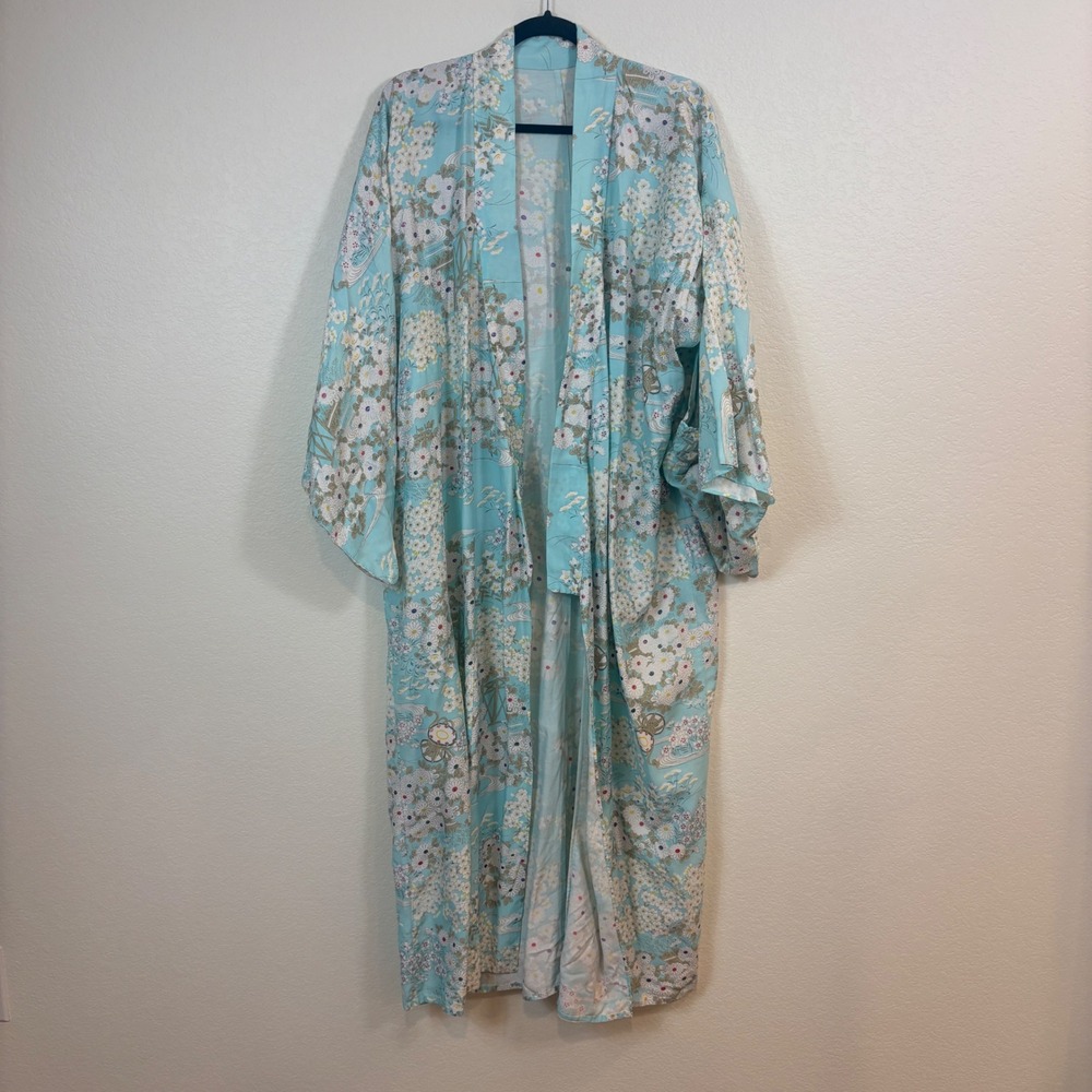 Vintage Kimono Women OS Light Blue Hand Stitched Floral Cotton Coquette Romantic